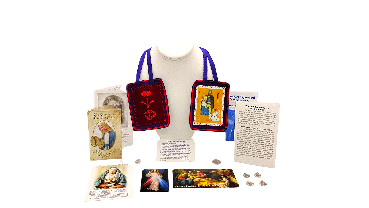 pic of purple scapular combo of scapular st benedict and miraculous medals and prayer cards