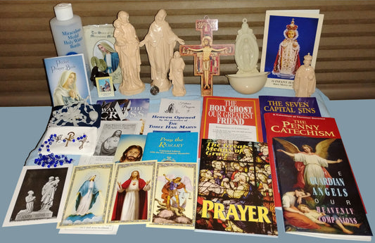 pic of youth kit with statues, rosaries and pamphlets