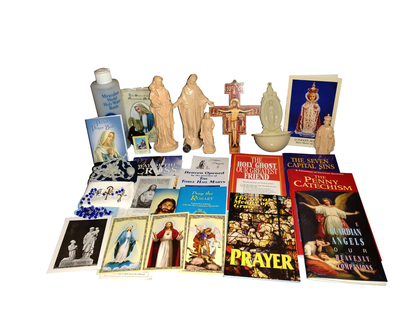 pic of youth kit statues pamphlets and rosaries