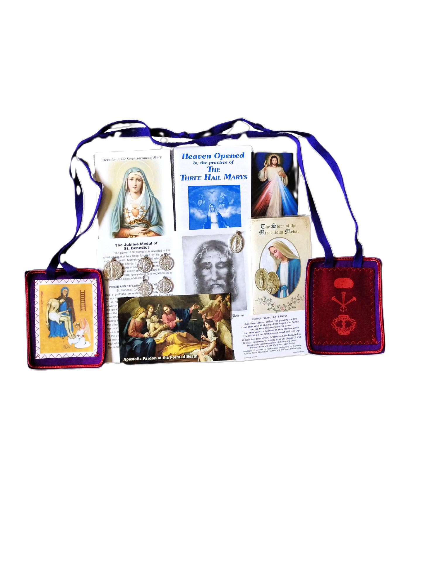 pic of purple scapular combo of scapular st benedict and miraculous medals and prayer cards