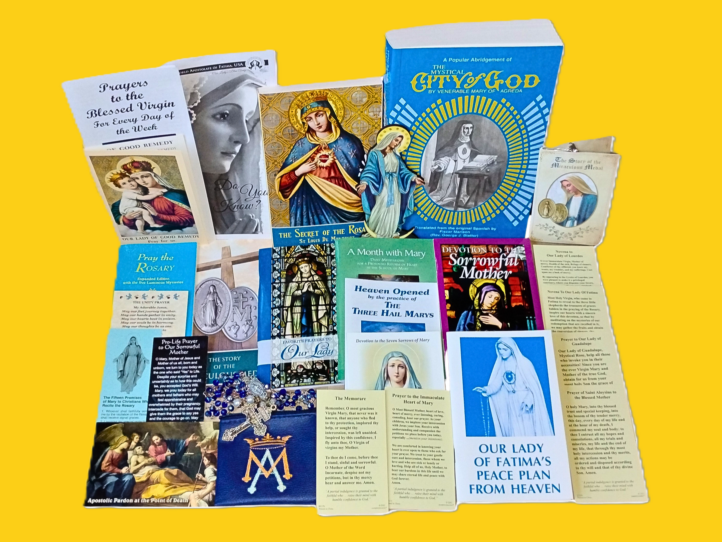 picture of Our Lady's Bundle of pamphlets, book rosary and prayer cards