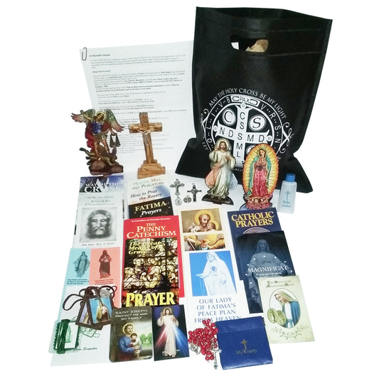 Picture of items in the Basic Prayer Tote. Click on the "Tote Items" Tab for a full list of all the items. This picture shows Our Lady of Guadalupe and Divine Mercy.
