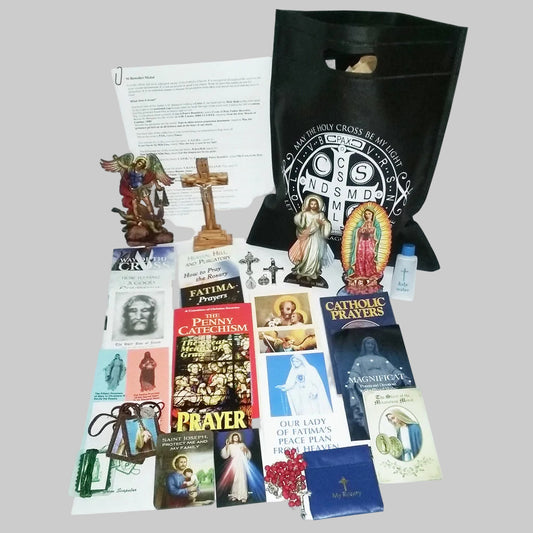 Picture of items in the Basic Prayer Tote. Click on the "Tote Items" Tab for a full list of all the items. This picture shows Our Lady of Guadalupe and Divine Mercy.