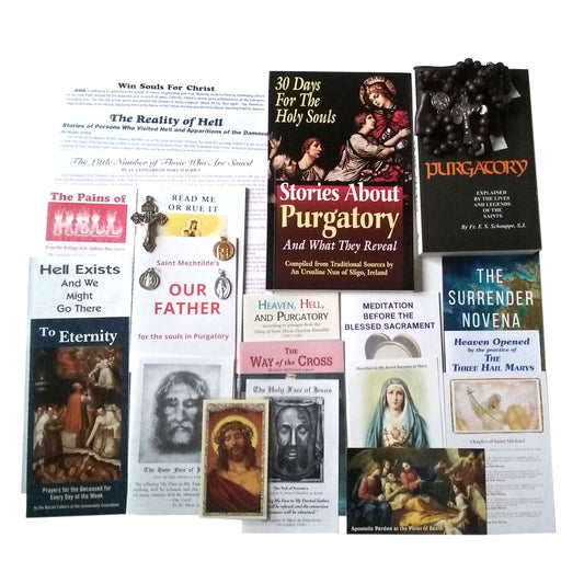 Picture of Pamphlets, Prayer Cards, Booklets, Books, Rosary and Medals in Holy Souls Bundle. Click on the "Bundle Items" Tab for a list of their names.