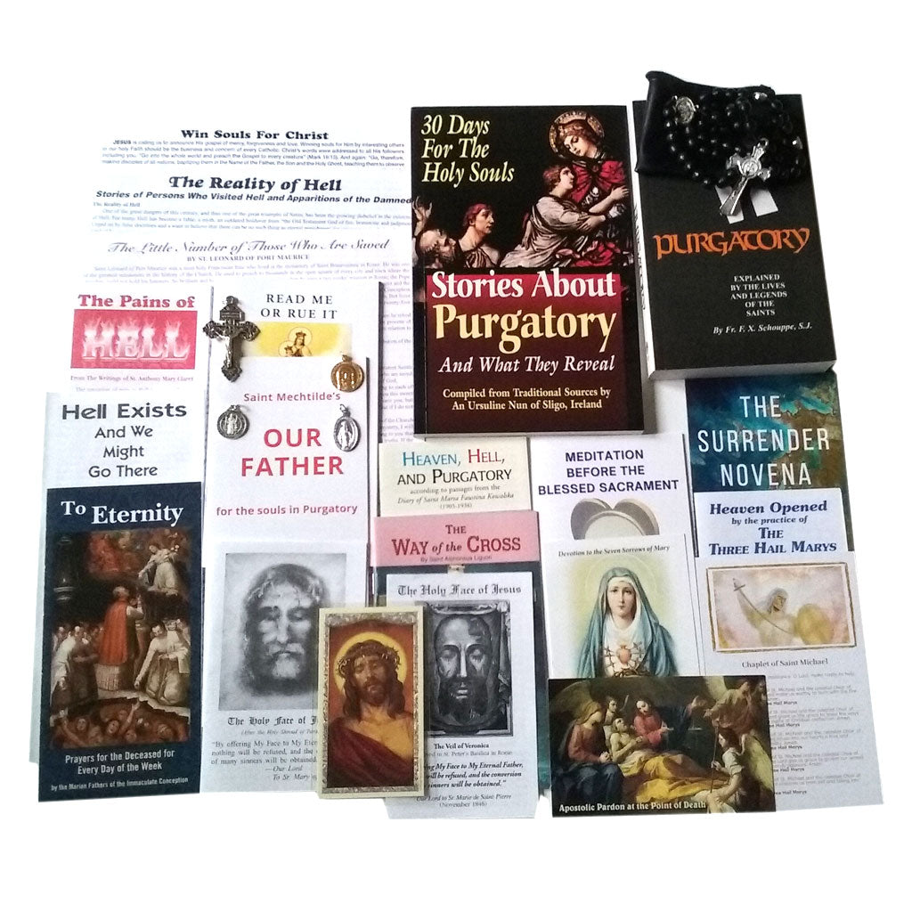 Picture of Pamphlets, Prayer Cards, Booklets, Books, Rosary and Medals in Holy Souls Bundle. Click on the "Bundle Items" Tab for a list of their names.