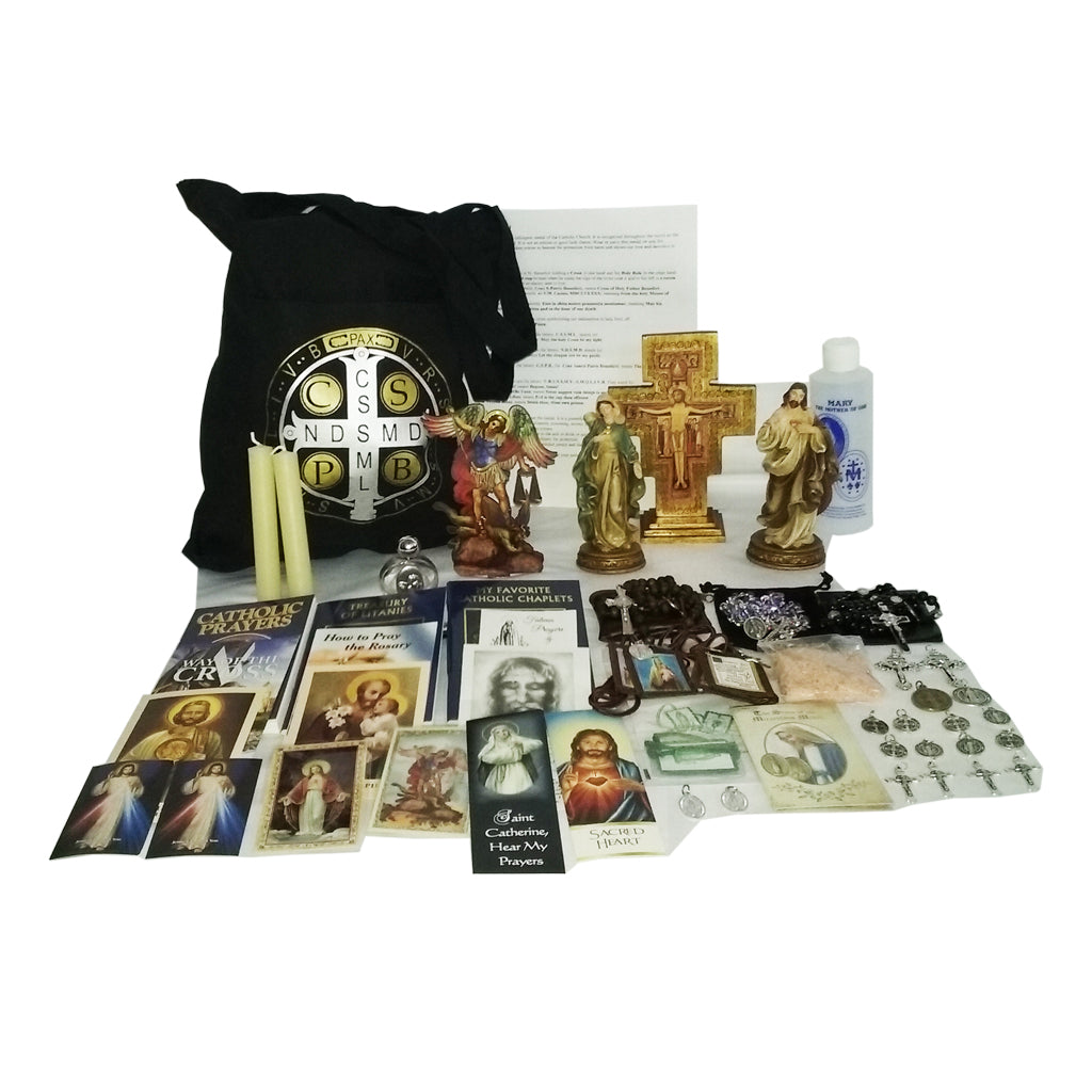 Picture of items in the Elite 3 Days of Darkness tote. Click on the "Tote Items" Tab for a full list of all the items. This picture shows the Gold Standing Crucifix with No Bible.
