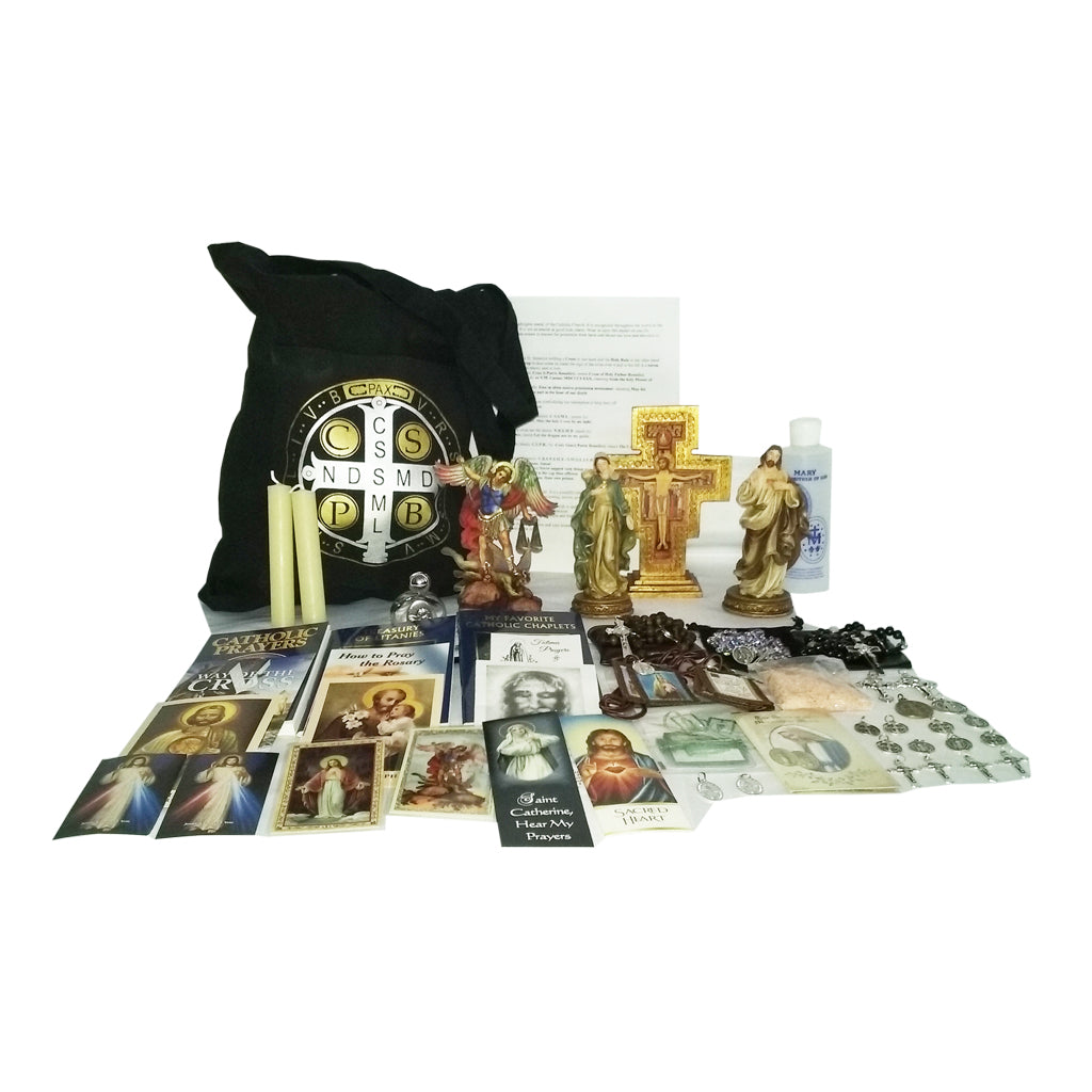 Picture of items in the Elite 3 Days of Darkness tote. Click on the "Tote Items" Tab for a full list of all the items. This picture shows the Gold Standing Crucifix with No Bible.