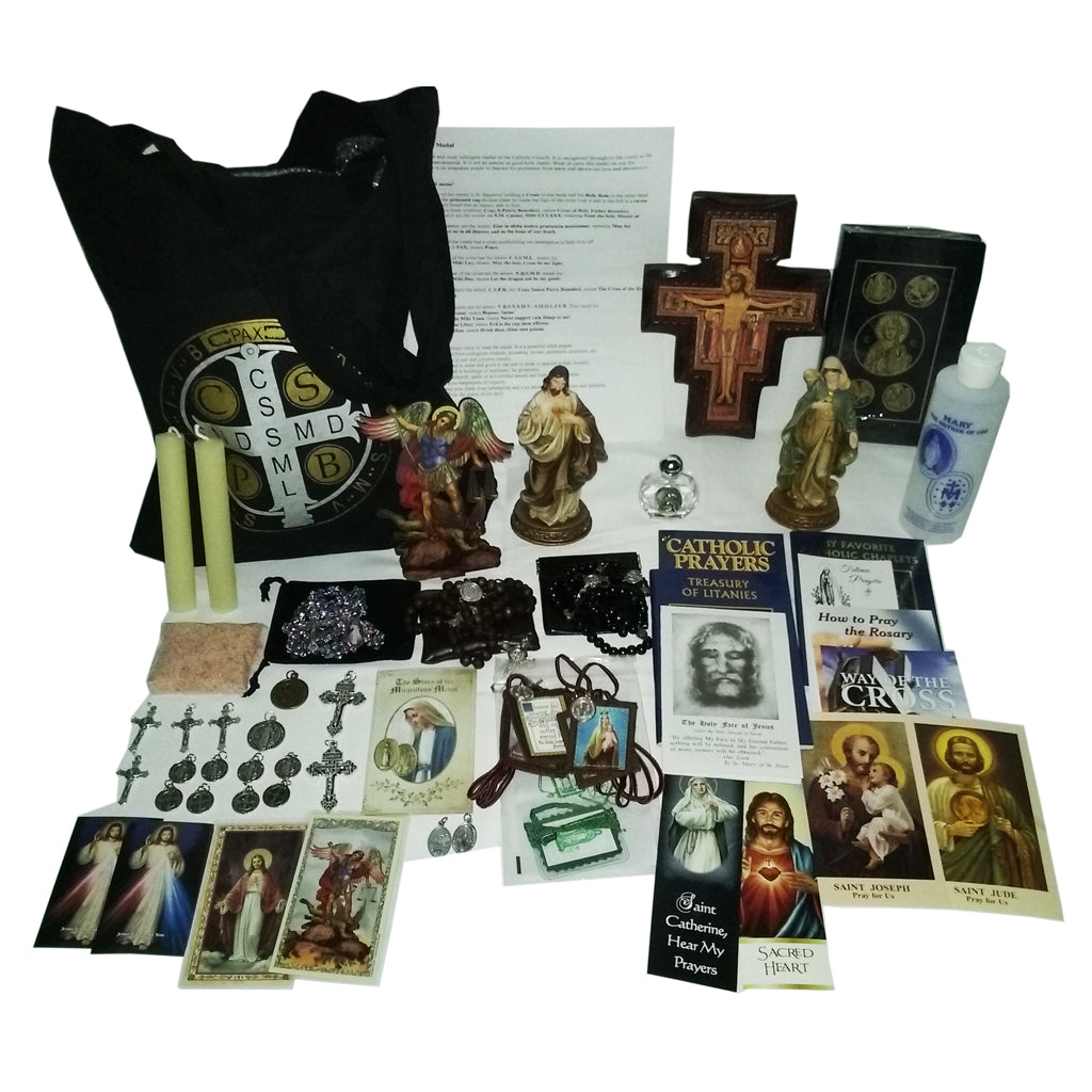 Picture of items in the Elite 3 Days of Darkness tote. Click on the "Tote Items" Tab for a full list of all the items. This picture shows the Brown Wall Crucifix and RSV leather New Testament with Psalms.