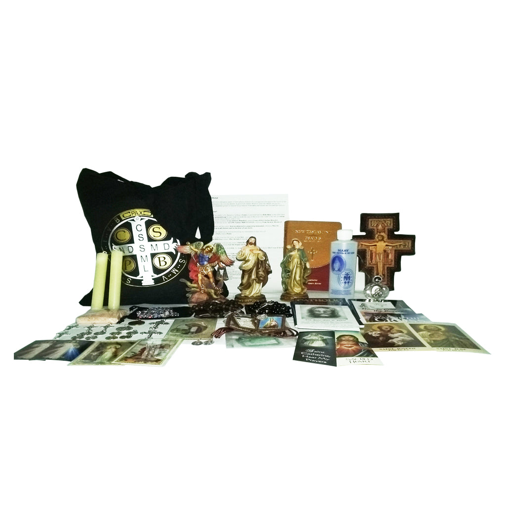 Picture of items in the Elite 3 Days of Darkness tote. Click on the "Tote Items" Tab for a full list of all the items. This picture shows the Brown Wall Crucifix and St. Joseph leather New Testament with Psalms.