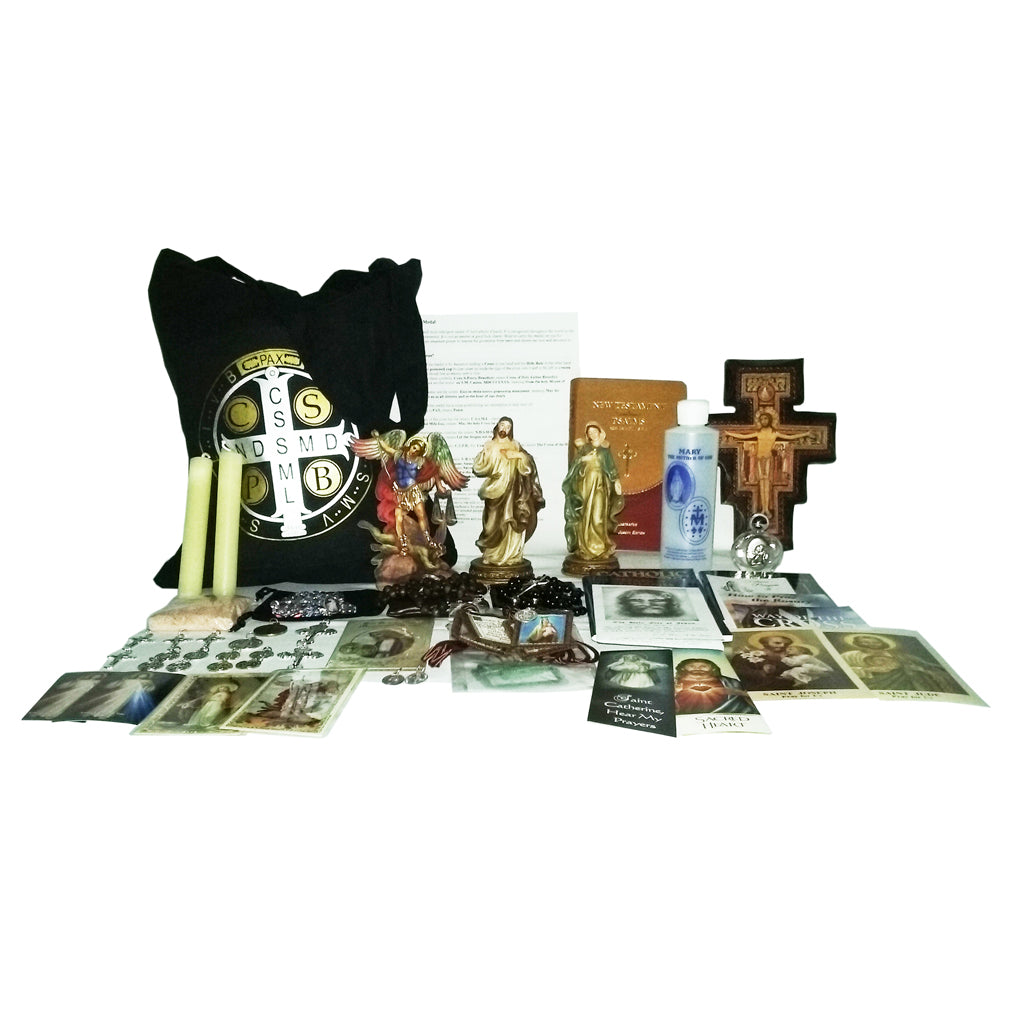 Picture of items in the Elite 3 Days of Darkness tote. Click on the "Tote Items" Tab for a full list of all the items. This picture shows the Brown Wall Crucifix and St. Joseph leather New Testament with Psalms.