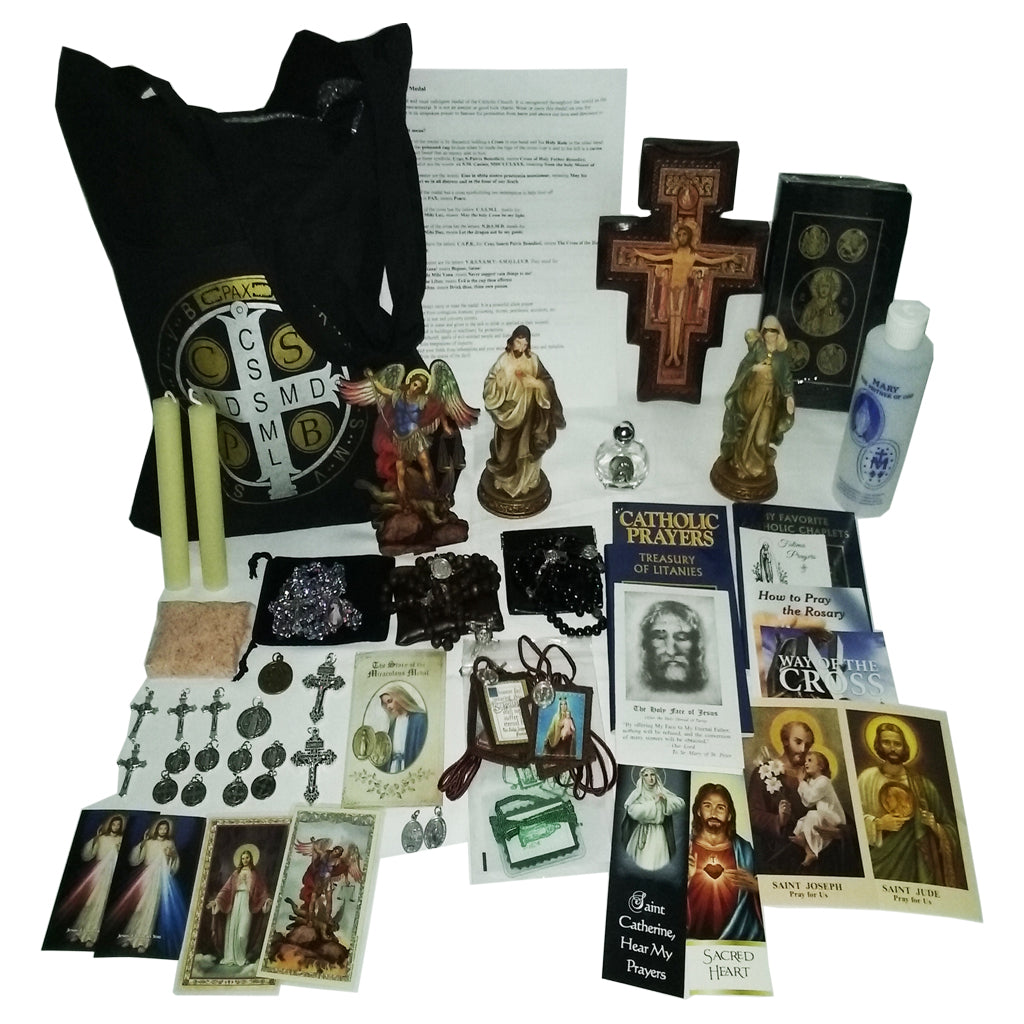 Picture of items in the Elite 3 Days of Darkness tote. Click on the "Tote Items" Tab for a full list of all the items. This picture shows the Brown Wall Crucifix and RSV leather New Testament with Psalms.