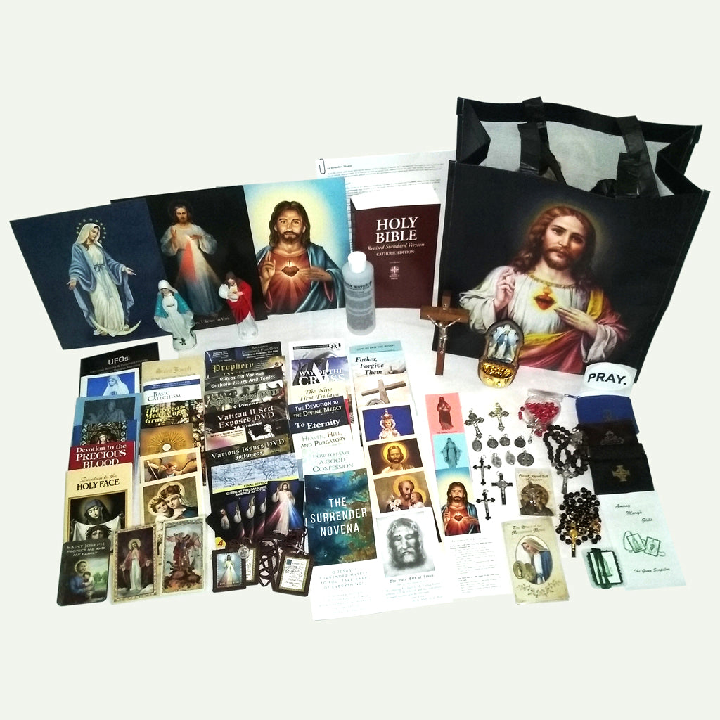 Picture of items in the Essential Prayer Tote. Click on the "Tote Items" Tab for a full list of all the items. This picture shows Standing Walnut Crucifix and RSV-CE Bible.