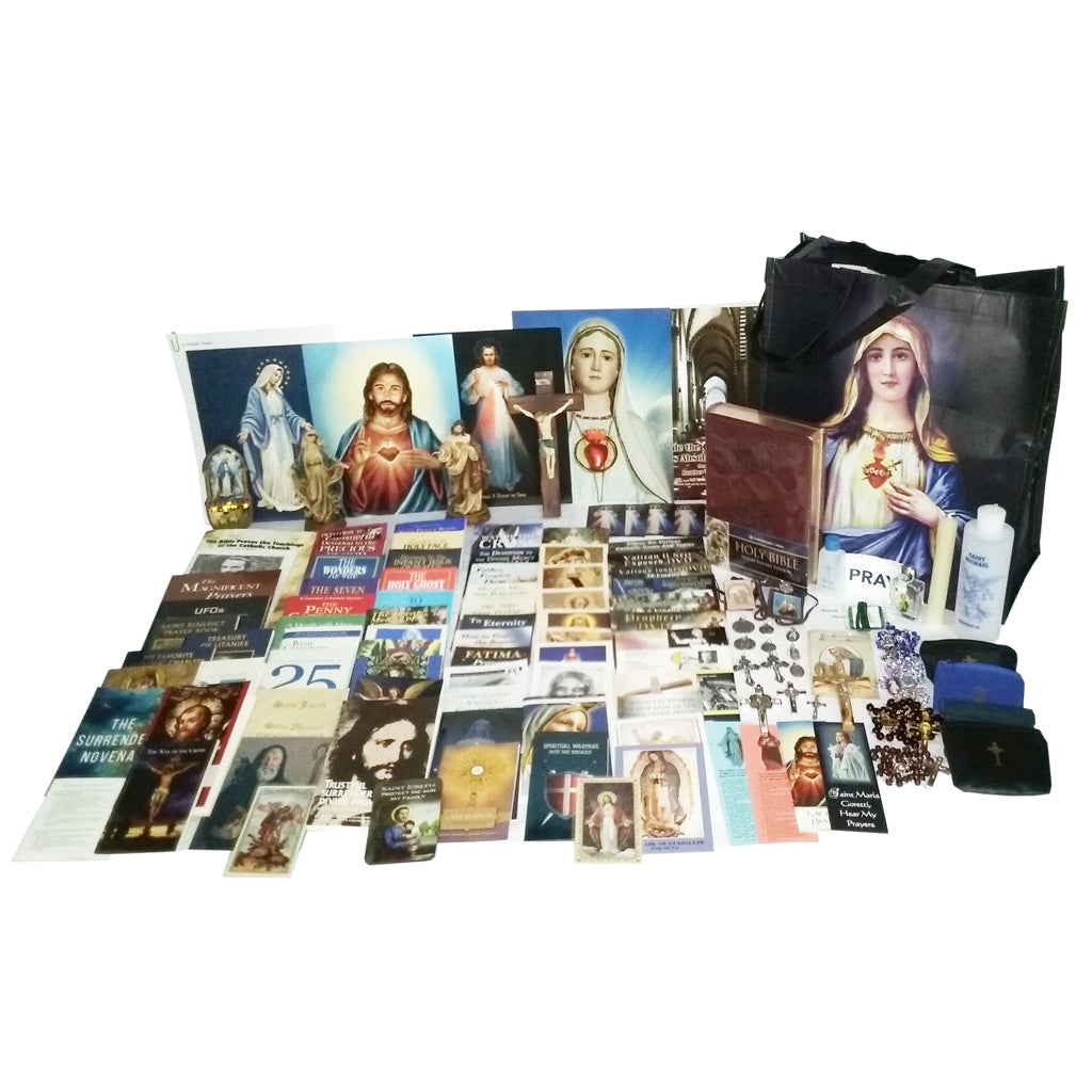 Picture of items in the Ultimate Prayer Tote. Click on the "Tote Items" Tab for a full list of all the items. This picture shows a Statue of Our Lady of Grace and the Sacred Heart of Jesus with a Wall Crucifix and Douay Rheims Bible.