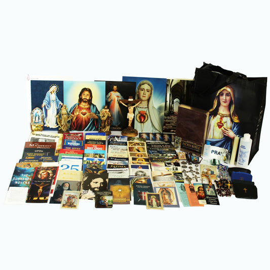 Picture of items in the Ultimate Prayer Tote. Click on the "Tote Items" Tab for a full list of all the items. This picture shows a Statue of Our Lady of Grace and the Sacred Heart of Jesus with a Standing Crucifix and RSV-CE Bible.