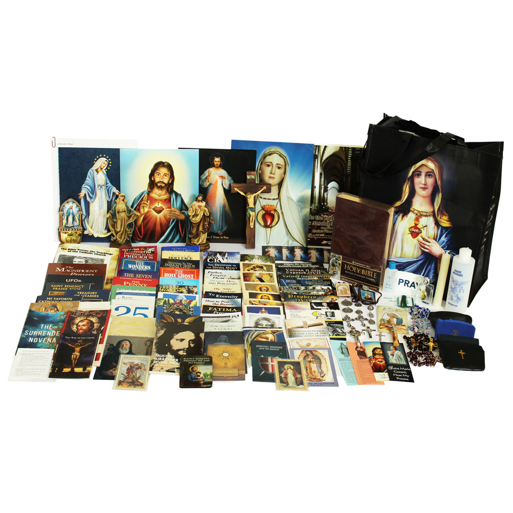 Picture of items in the Ultimate Prayer Tote. Click on the "Tote Items" Tab for a full list of all the items. This picture shows a Statue of Our Lady of Grace and the Sacred Heart of Jesus with a Wall Crucifix and RSV-CE Bible.
