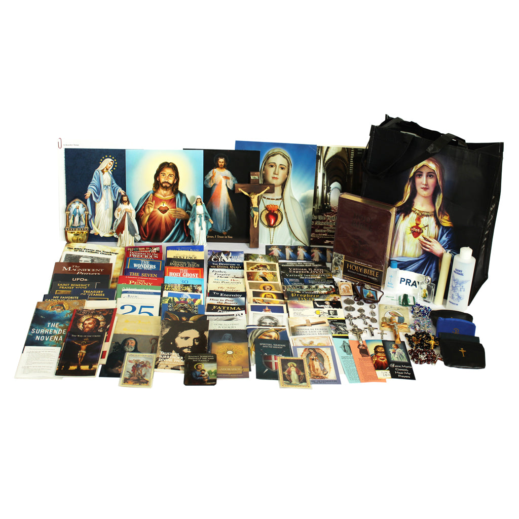 Picture of items in the Ultimate Prayer Tote. Click on the "Tote Items" Tab for a full list of all the items. This picture shows a Statue of Our Lady of Grace and the Divine Mercy with a Wall Crucifix and RSV-CE Bible.