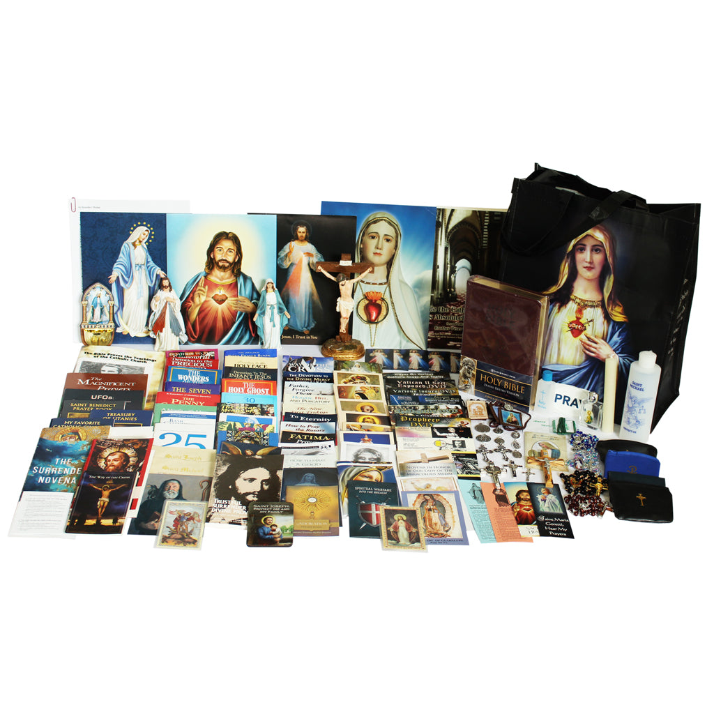 Picture of items in the Ultimate Prayer Tote. Click on the "Tote Items" Tab for a full list of all the items. This picture shows a Statue of Our Lady of Grace and the Divine Mercy with a Standing Crucifix and Douay Rheims Bible.