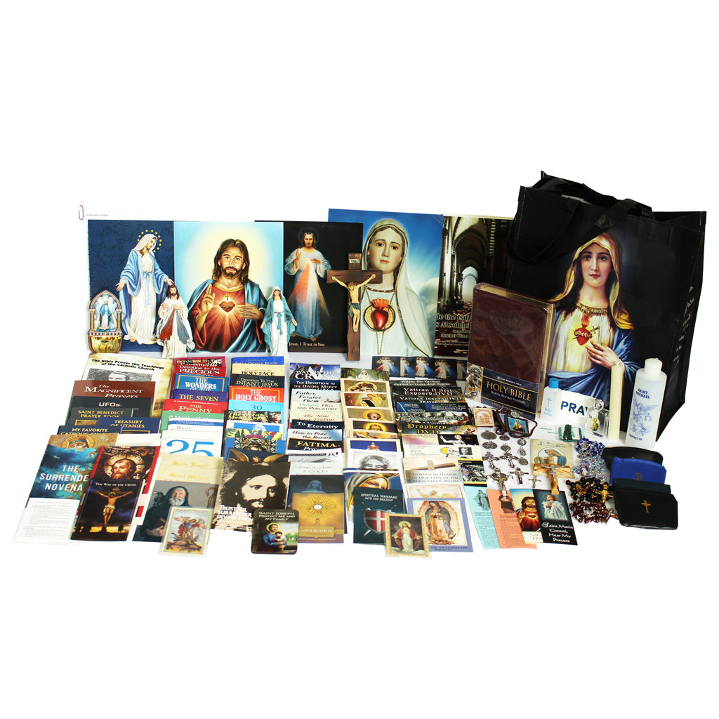 Picture of items in the Ultimate Prayer Tote. Click on the "Tote Items" Tab for a full list of all the items. This picture shows a Statue of Our Lady of Grace and the Divine Mercy with a Wall Crucifix and Douay Rheims Bible.