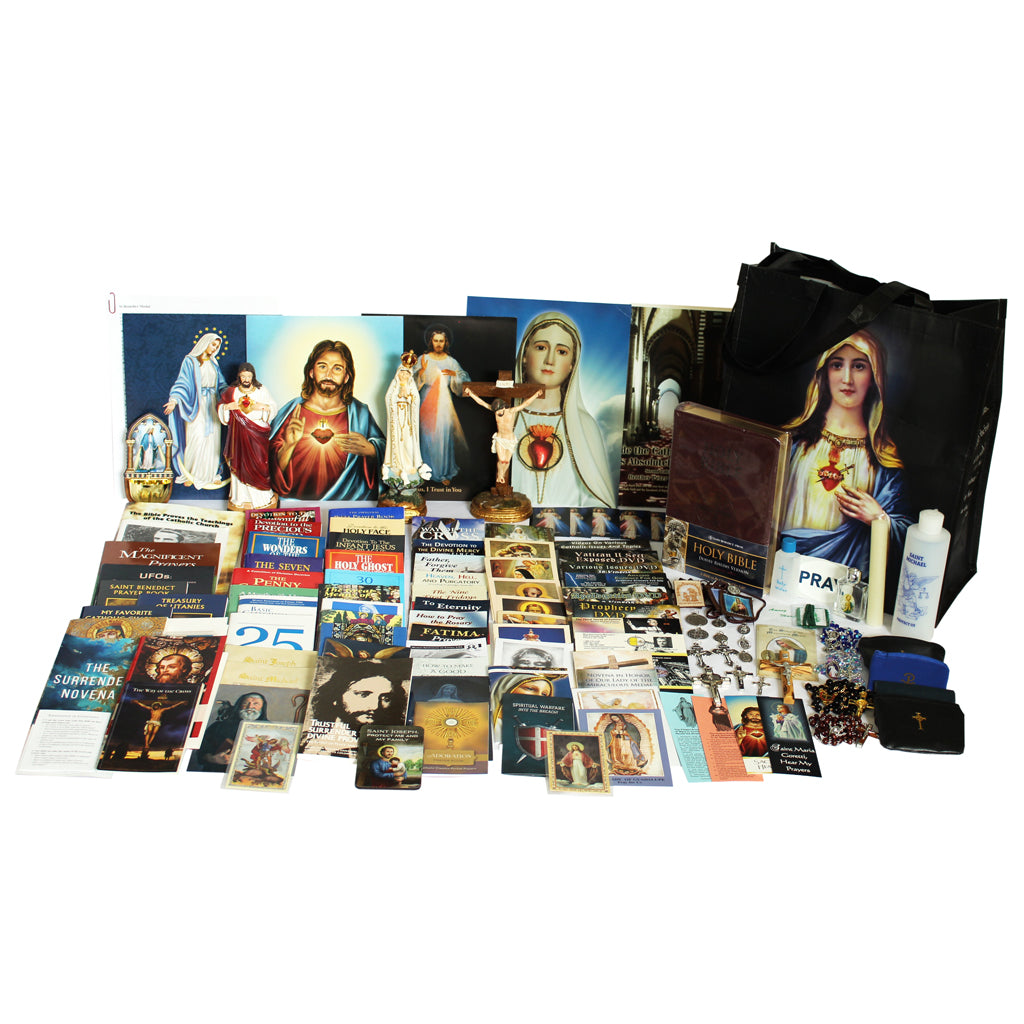 Picture of items in the Ultimate Prayer Tote. Click on the "Tote Items" Tab for a full list of all the items. This picture shows a Statue of Our Lady of Fatima and the Sacred Heart of Jesus with a Standing Crucifix and RSV-CE Bible.