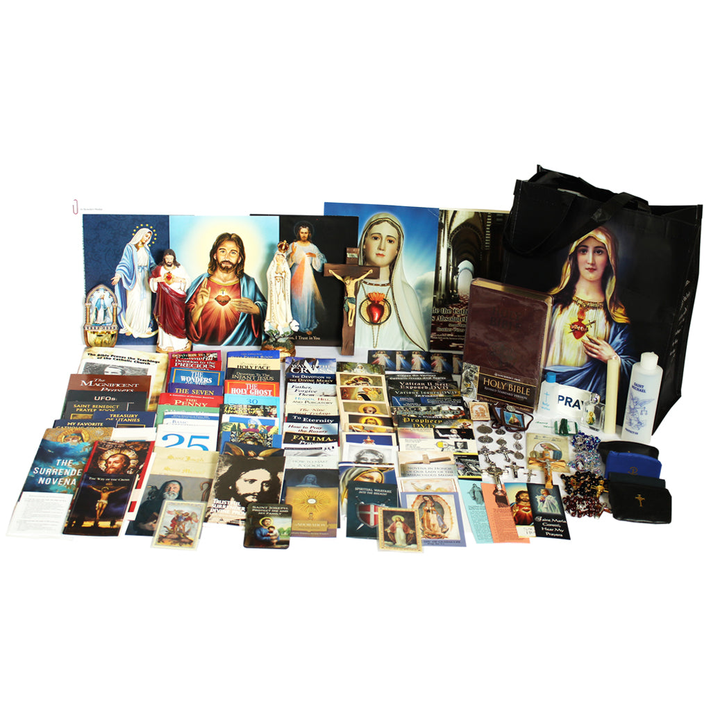 Picture of items in the Ultimate Prayer Tote. Click on the "Tote Items" Tab for a full list of all the items. This picture shows a Statue of Our Lady of Fatima and the Sacred Heart of Jesus with a Wall Crucifix and RSV-CE Bible.