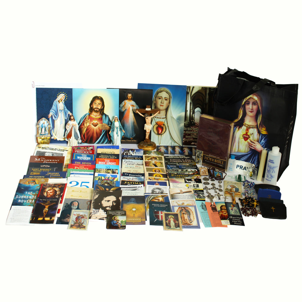 Picture of items in the Ultimate Prayer Tote. Click on the "Tote Items" Tab for a full list of all the items. This picture shows a Statue of Our Lady of Grace and the Divine Mercy with a Standing Crucifix and RSV-CE Bible.