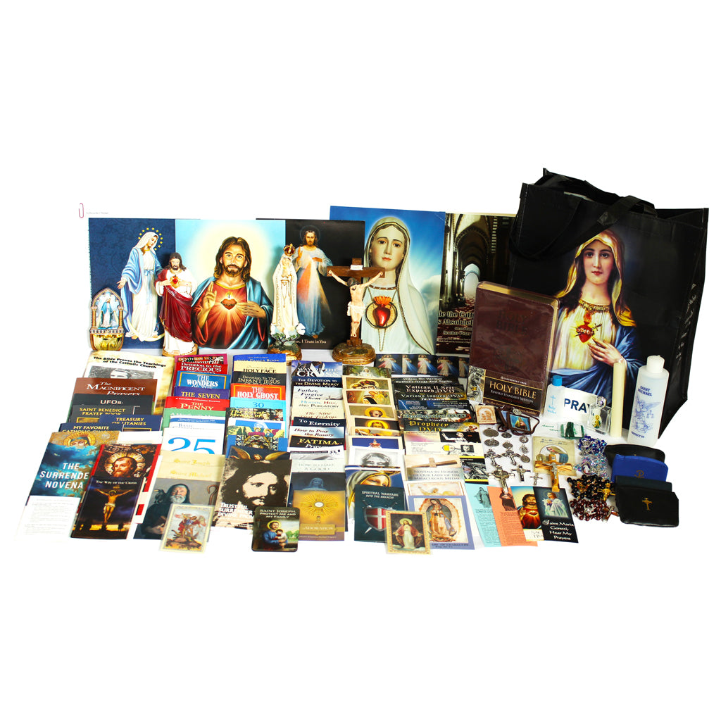 Picture of items in the Ultimate Prayer Tote. Click on the "Tote Items" Tab for a full list of all the items. This picture shows a Statue of Our Lady of Fatima and the Sacred Heart of Jesus with a Standing Crucifix and RSV-CE Bible.