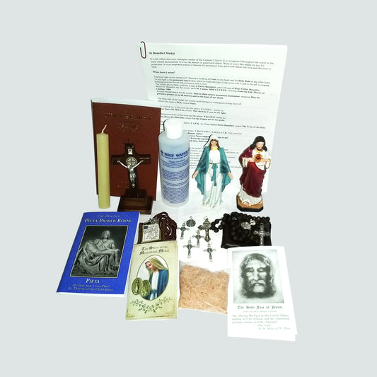 Picture of items in the Bare 3 Days of Darkness kit. Click on the "Kit Items" Tab for a full list of all the items. This picture shows Our Lady of Grace and Sacred Heart of Jesus.