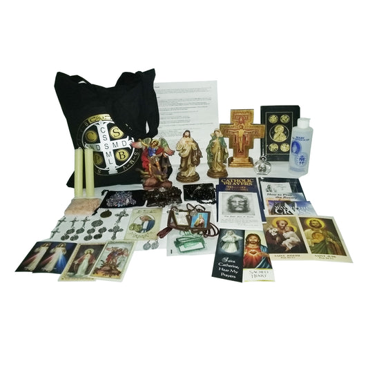 Picture of items in the Elite 3 Days of Darkness tote. Click on the "Tote Items" Tab for a full list of all the items. This picture shows the Gold Standing Crucifix and RSV leather New Testament with Psalms.