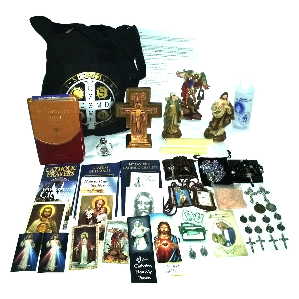Picture of items in the Elite 3 Days of Darkness tote. Click on the "Tote Items" Tab for a full list of all the items. This picture shows the Gold Standing Crucifix and St. Joseph leather New Testament with Psalms.