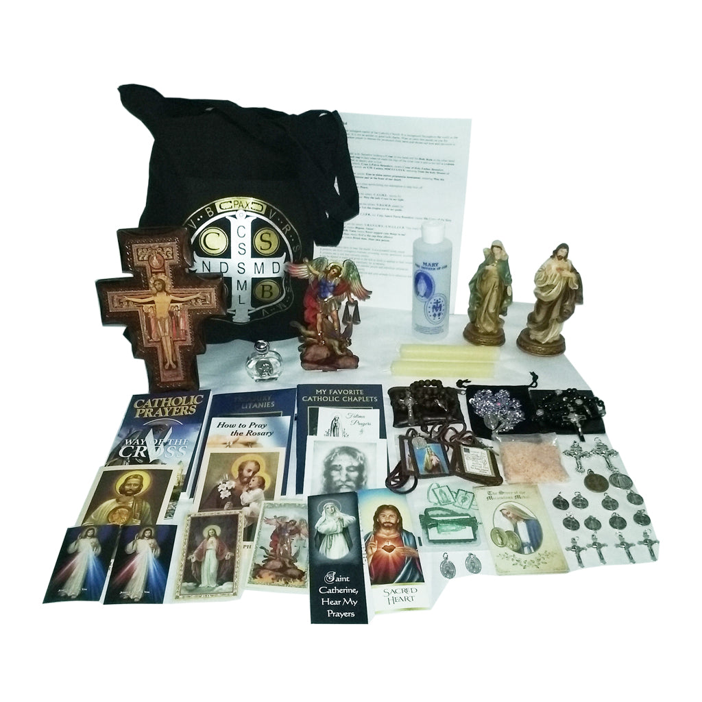 Picture of items in the Elite 3 Days of Darkness tote. Click on the "Tote Items" Tab for a full list of all the items. This picture shows the Brown Wall Crucifix with No Bible.