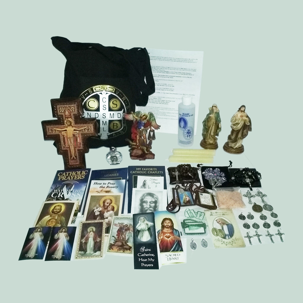 Picture of items in the Elite 3 Days of Darkness tote. Click on the "Tote Items" Tab for a full list of all the items. This picture shows the Brown Wall Crucifix with no Bible.