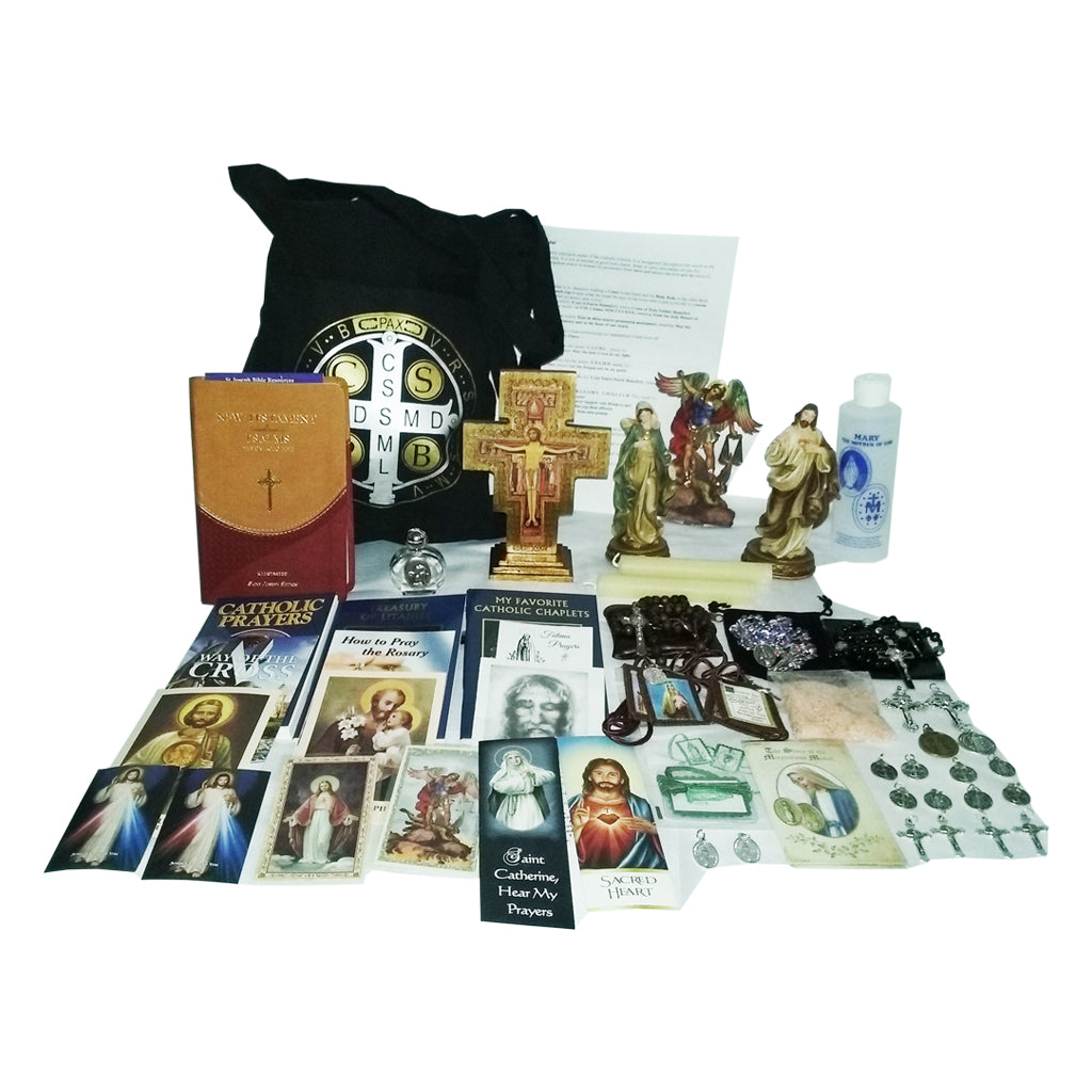 Picture of items in the Elite 3 Days of Darkness tote. Click on the "Tote Items" Tab for a full list of all the items. This picture shows the Gold Standing Crucifix and St. Joseph leather New Testament with Psalms.