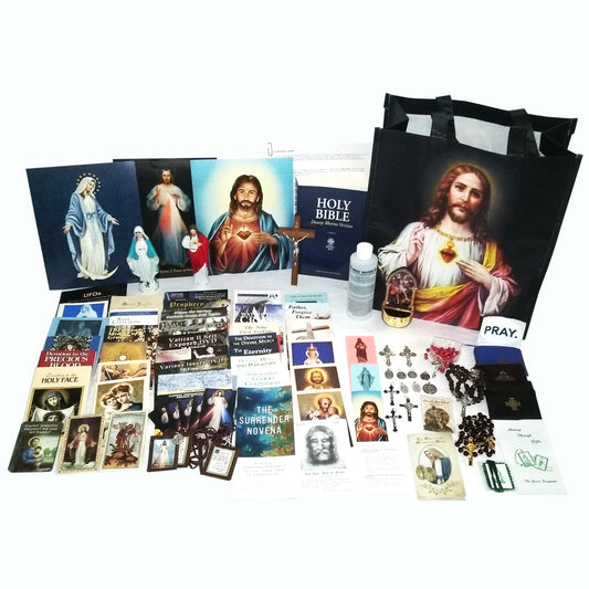 Picture of items in the Essential Prayer Tote. Click on the "Tote Items" Tab for a full list of all the items. This picture shows Standing Walnut Crucifix and Douay Rheims Bible.
