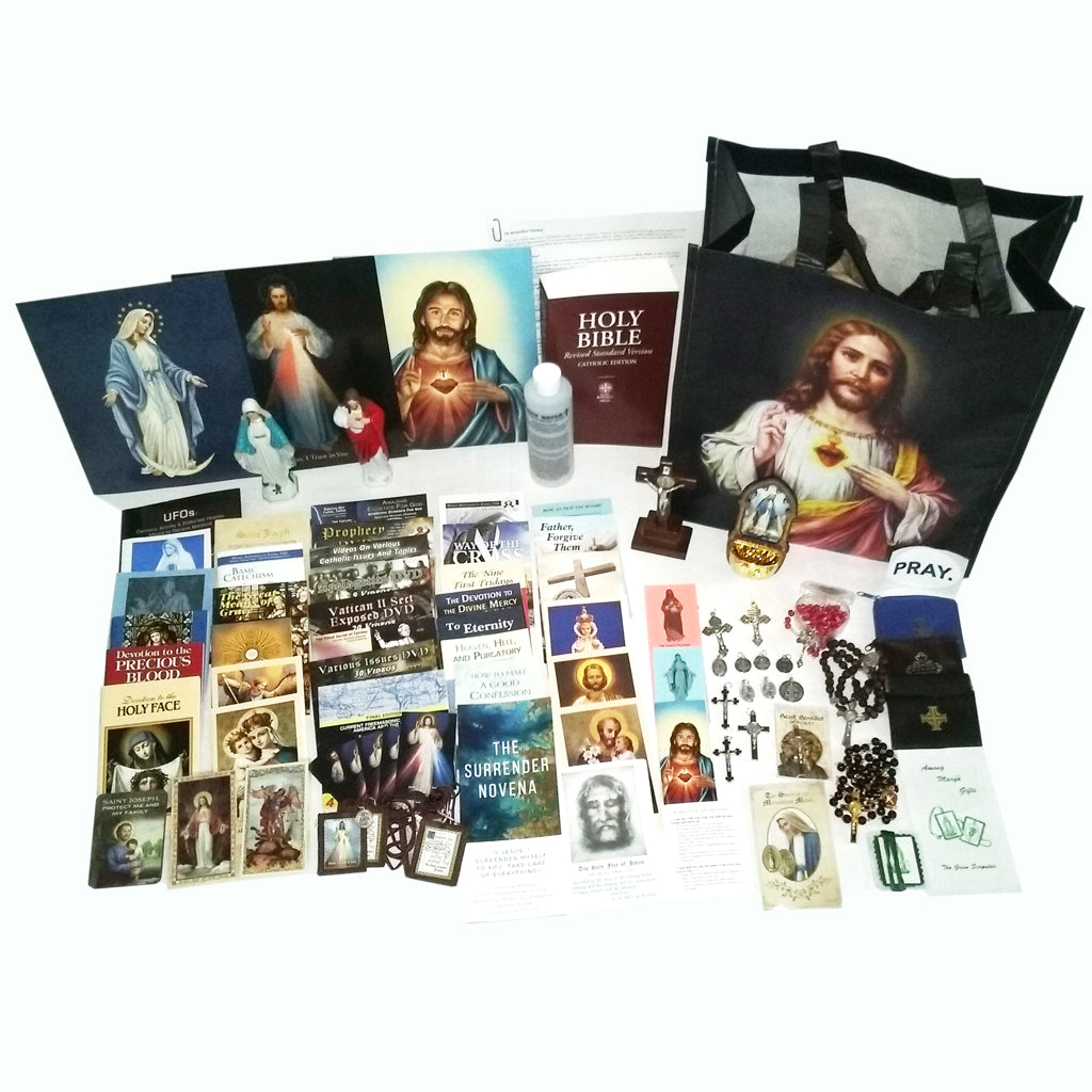 Picture of items in the Essential Prayer Tote. Click on the "Tote Items" Tab for a full list of all the items. This picture shows St. Benedict Dark Walnut Crucifix and RSV Bible.