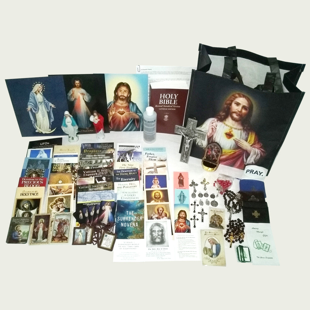 Picture of items in the Essential Prayer Tote. Click on the "Tote Items" Tab for a full list of all the items. This picture shows St. Benedict Flourish Wall Crucifix and RSV-CE Bible.