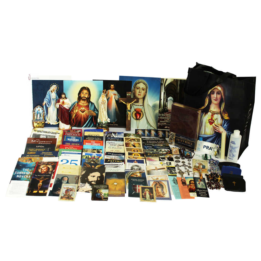 Picture of items in the Ultimate Prayer Tote. Click on the "Tote Items" Tab for a full list of all the items. This picture shows a Statue of Our Lady of Fatima and the Sacred Heart of Jesus with a Wall Crucifix and Douay Rheims Bible.
