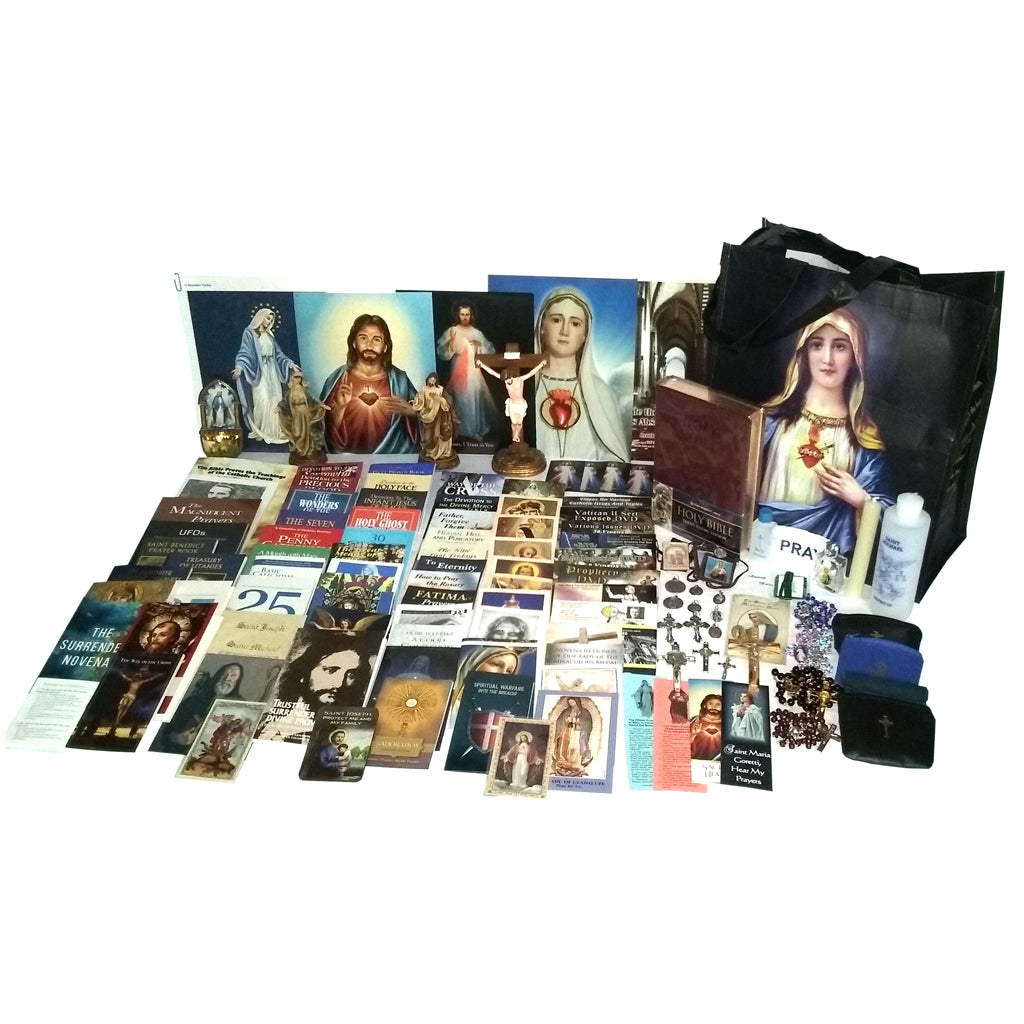 Picture of items in the Ultimate Prayer Tote. Click on the "Tote Items" Tab for a full list of all the items. This picture shows a Statue of Our Lady of Grace and the Sacred Heart of Jesus with a Standing Crucifix and Douay Rheims Bible.