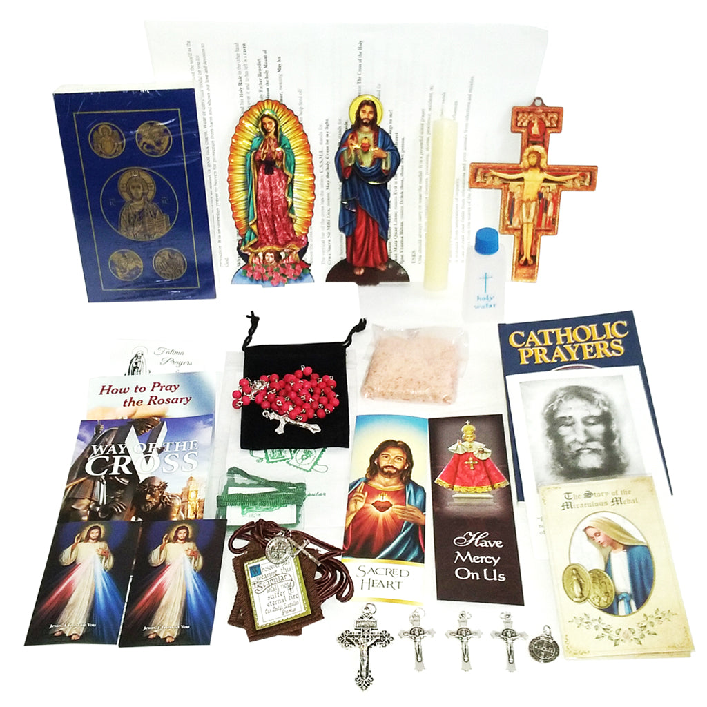 Picture of items in the Vital 3 Days of Darkness Kit. Click on the "Kit Items" Tab to see a list of all the items in this kit. This picture shows Our Lady of Guadalupe and Sacred Heart of Jesus with paperback RSV New Testament with Psalms.