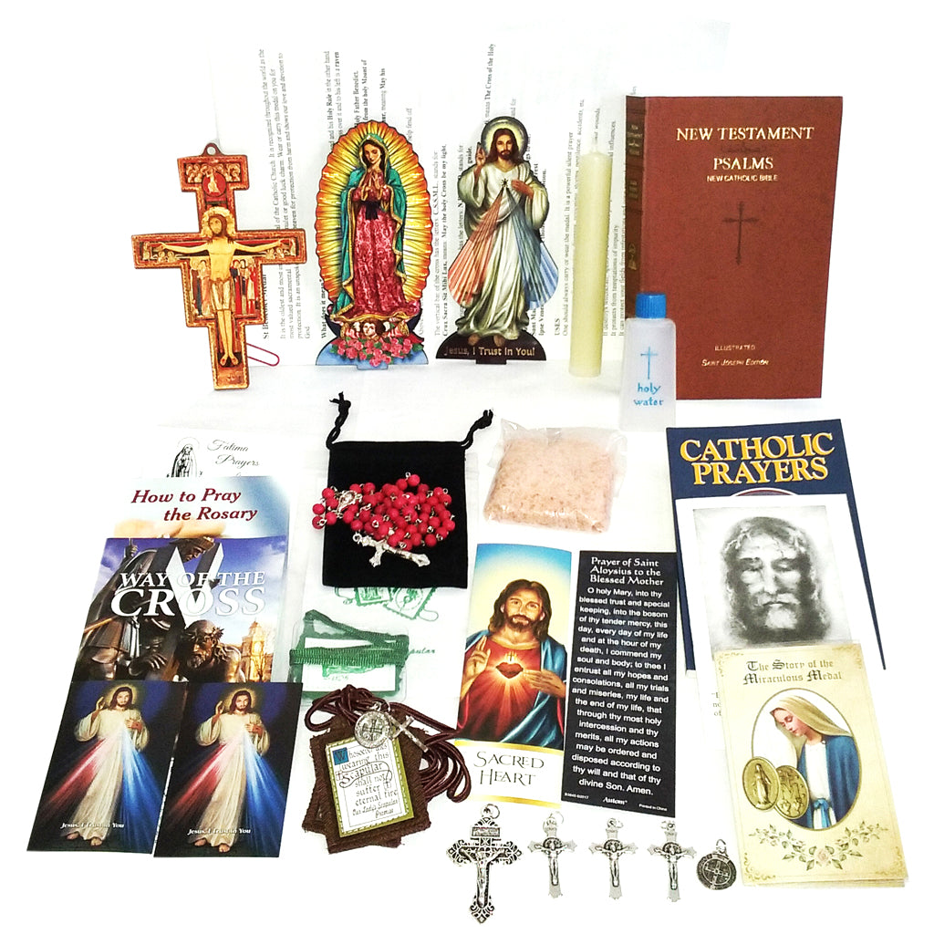 Picture of items in the Vital 3 Days of Darkness Kit. Click on the "Kit Items" Tab to see a list of all the items in this kit. This picture shows Our Lady of Guadalupe and Divine Mercy with a softcover St. Joseph New Testament with Psalms.