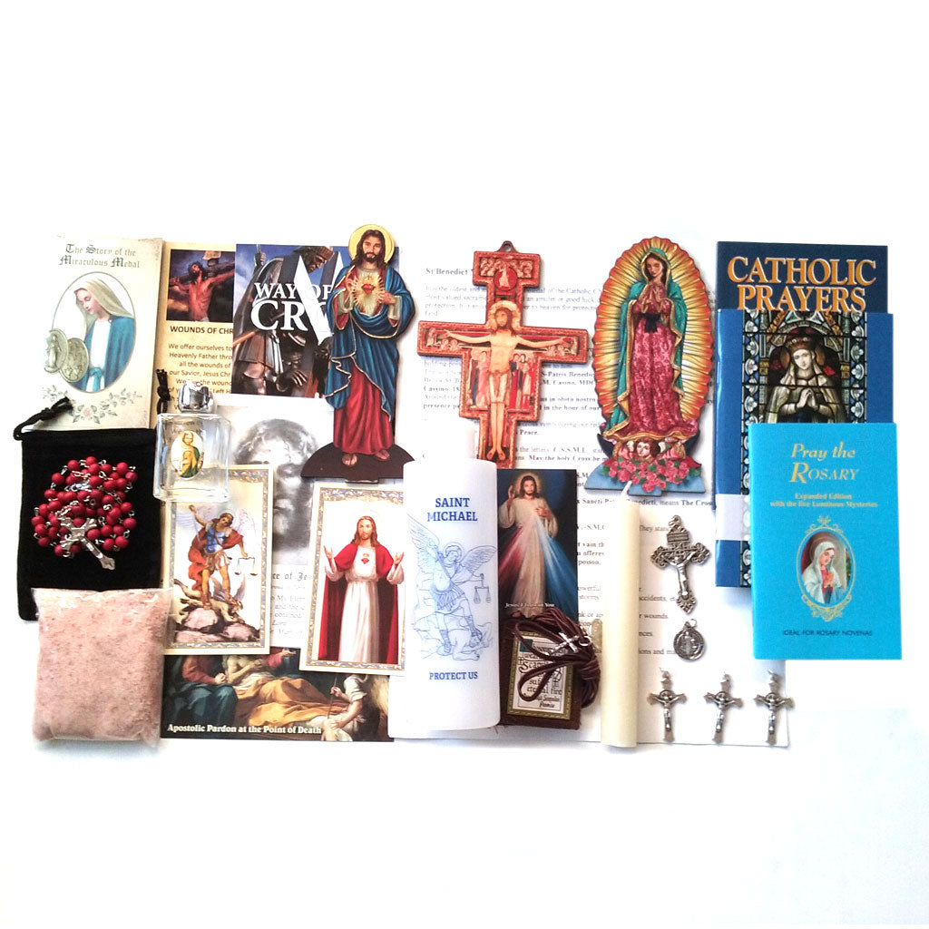Picture of items in the Vital 3 Days of Darkness Kit. Click on the "Kit Items" Tab to see a list of all the items in this kit. This picture shows  Our Lady of Guadalupe and Sacred Heart of Jesus and no bible.
