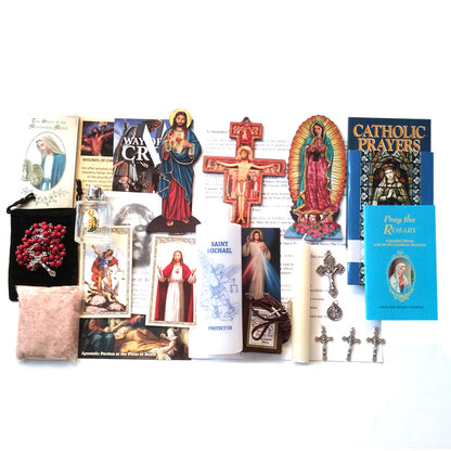 Picture of items in the Vital 3 Days of Darkness Kit. Click on the "Kit Items" Tab to see a list of all the items in this kit. This picture shows  Our Lady of Guadalupe and Sacred Heart of Jesus and no bible.