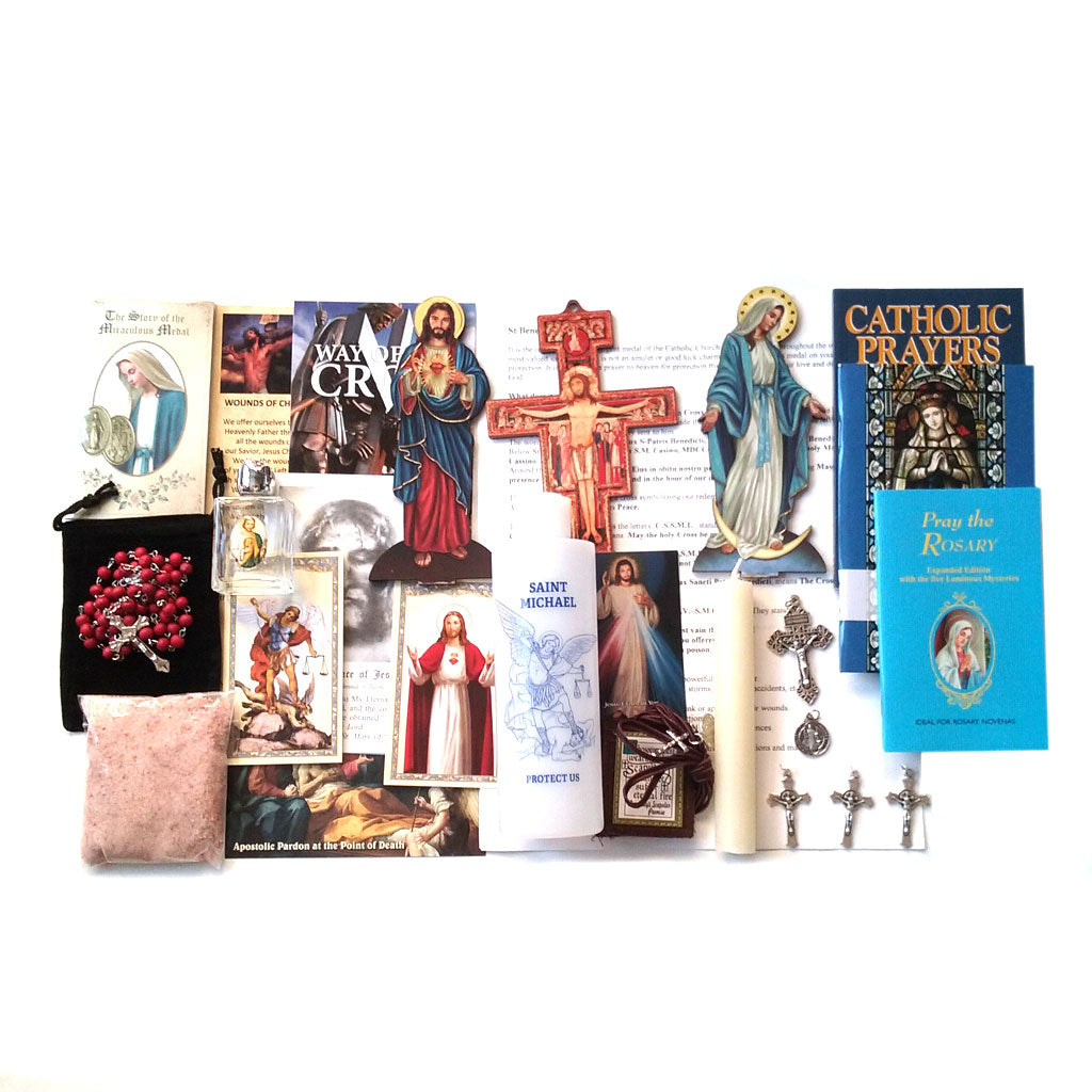 Picture of items in the Vital 3 Days of Darkness Kit. Click on the "Kit Items" Tab to see a list of all the items in this kit. This picture shows  Our Lady of Grace and Sacred Heart of Jesus and no bible.
