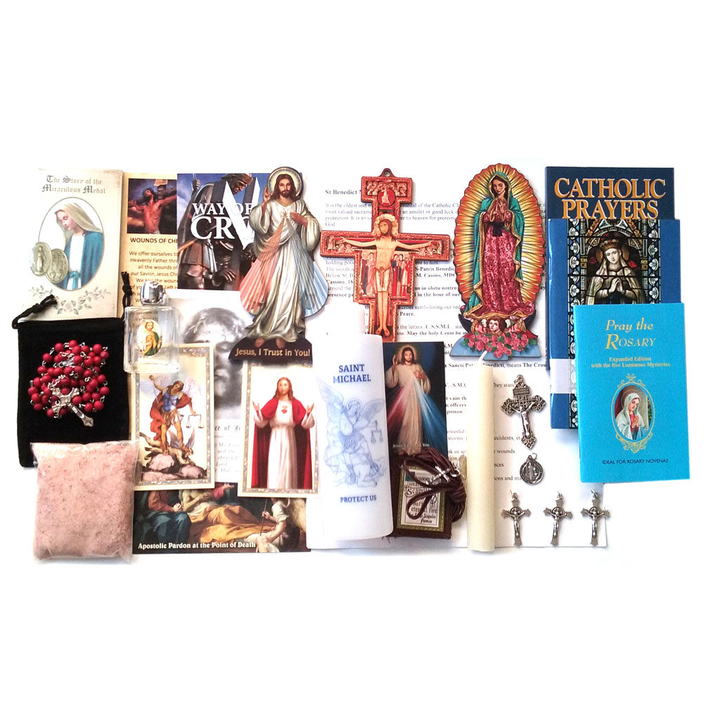 Picture of items in the Vital 3 Days of Darkness Kit. Click on the "Kit Items" Tab to see a list of all the items in this kit. This picture shows  Our Lady of Guadalupe and Divine Mercy and no bible.