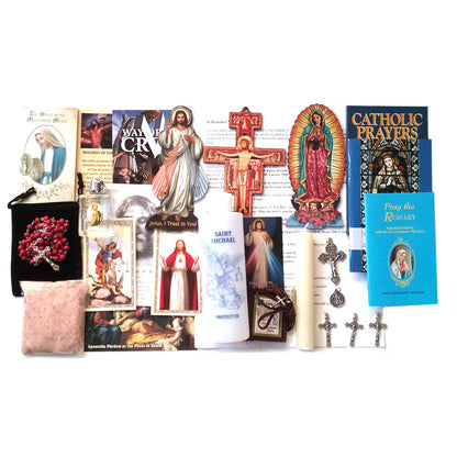 Picture of items in the Vital 3 Days of Darkness Kit. Click on the "Kit Items" Tab to see a list of all the items in this kit. This picture shows  Our Lady of Guadalupe and Divine Mercy and no bible.