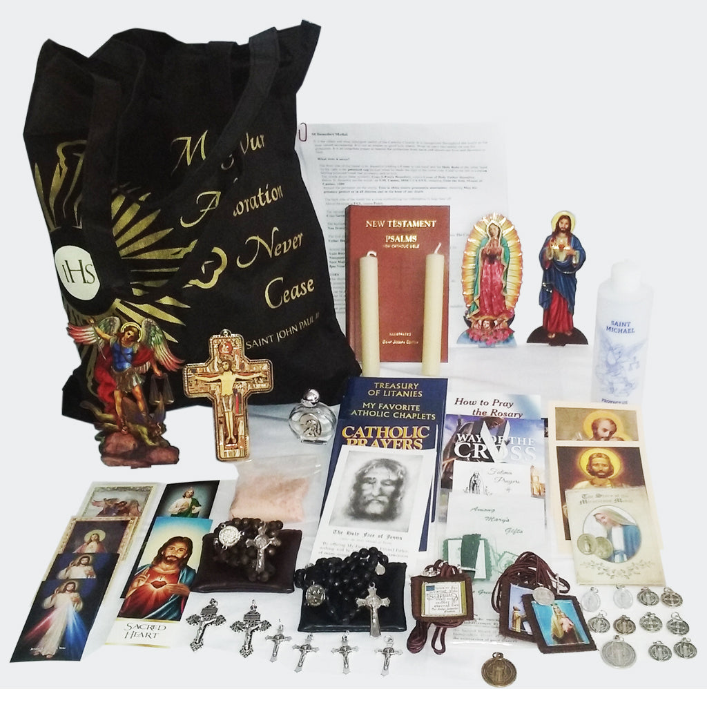 Picture of items in the 3 Days of Darkness tote. Click on the "Tote Items" Tab for a full list of all the items in this tote. This picture shows Our Lady of Guadalupe, Sacred Heart of Jesus and St. Joseph leather New Testament with Psalms as your choice.