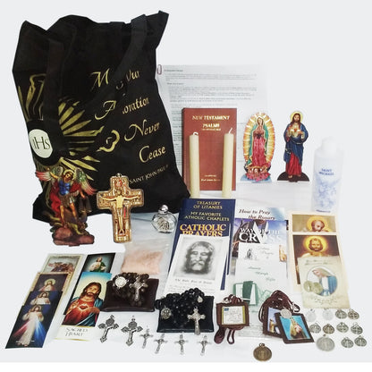 Picture of items in the 3 Days of Darkness tote. Click on the "Tote Items" Tab for a full list of all the items in this tote. This picture shows Our Lady of Guadalupe, Sacred Heart of Jesus and St. Joseph leather New Testament with Psalms as your choice.