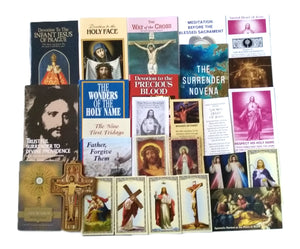 Image of booklets, pamphlets, prayer cards and crucifix in bundle. Click on bundle items for a detailed list.