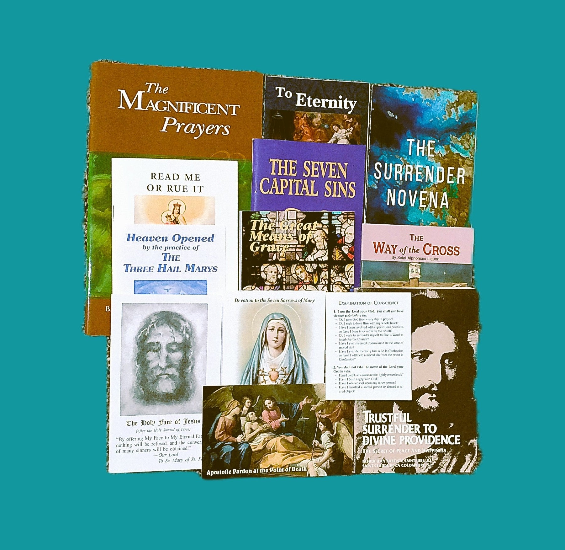 Collection of religious books and pamphlets on a teal background