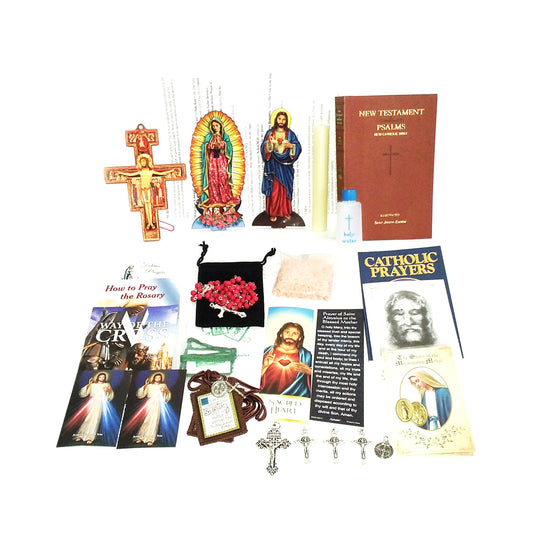 Picture of items in the Vital 3 Days of Darkness Kit. Click on the "Kit Items" Tab to see a list of all the items in this kit. This picture shows  Our Lady of Guadalupe and the Sacred Heart of Jesus with a softcover St. Joseph New Testament with Psalms as your choices.