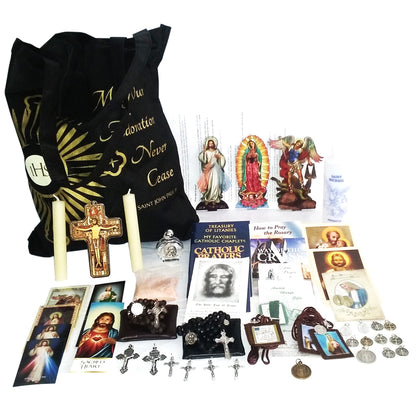 Picture of items in the 3 Days of Darkness tote. Click on the "Tote Items" Tab for a full list of all the items in this tote. This picture shows Our Lady of Guadalupe, Divine Mercy and no bible as your choice.